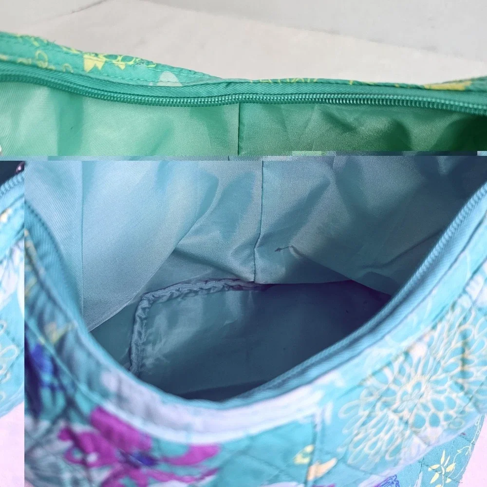 Tupperware Lunch Bag Zipper Hobo Style Green Floral Vintage Quilted